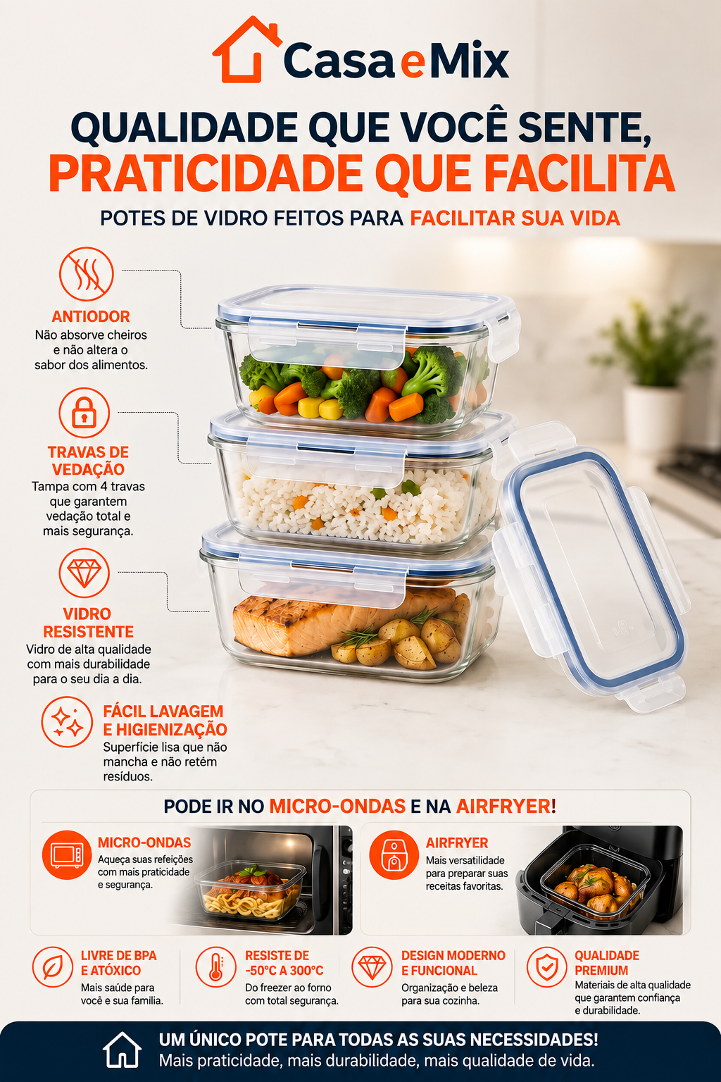 Kit Potes Herméticos de Vidro 640ml — Marmita Forno, Micro-ondas e Airfryer — imagem 2
