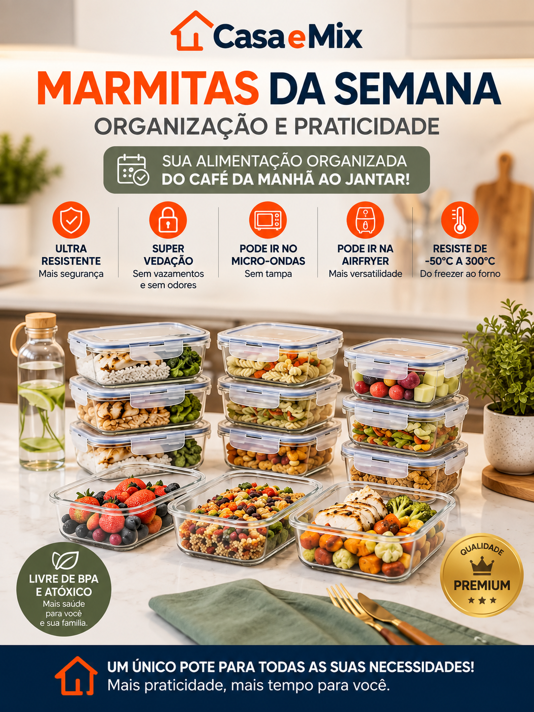 Kit Potes Herméticos de Vidro 640ml — Marmita Forno, Micro-ondas e Airfryer — imagem 3