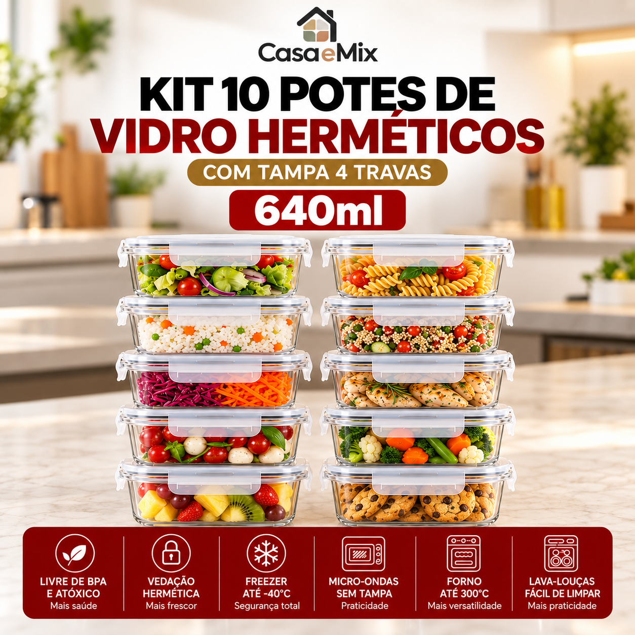 Kit Potes Herméticos de Vidro 640ml — Marmita Forno, Micro-ondas e Airfryer — imagem 5